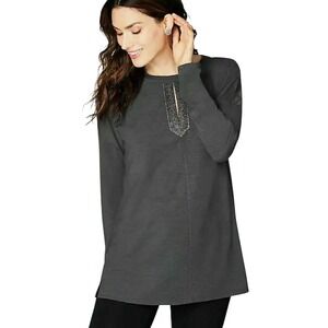 New J. Jill Women's Sparkle Keyhole Knit Tunic Soft Stretch size XL Gray Beadedd